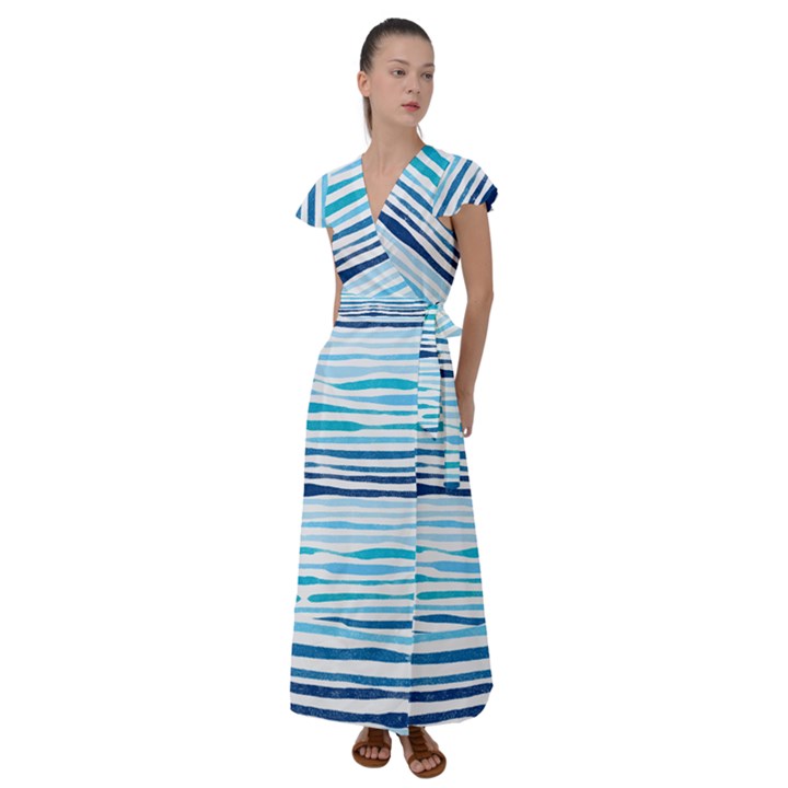 BLUE WAVES PATTERN Flutter Sleeve Maxi Dress