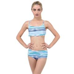 Blue Waves Pattern Layered Top Bikini Set by designsbymallika