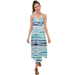 Blue Waves Pattern Halter Tie Back Dress 