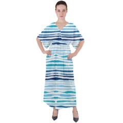 Blue Waves Pattern V-neck Boho Style Maxi Dress