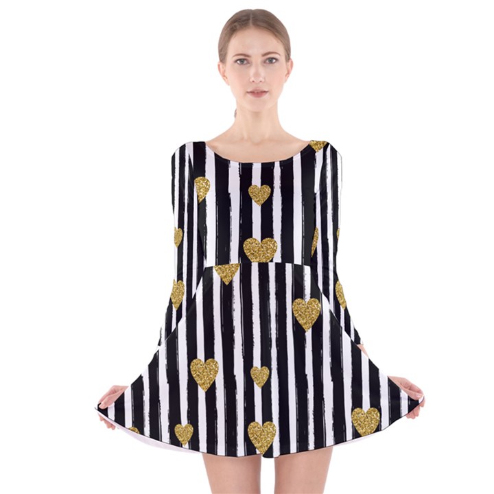 stripes heart pattern Long Sleeve Velvet Skater Dress