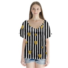 Stripes Heart Pattern V-neck Flutter Sleeve Top by designsbymallika