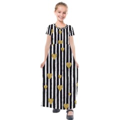 Stripes Heart Pattern Kids  Short Sleeve Maxi Dress by designsbymallika