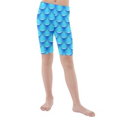 Blue Scale Pattern Kids  Mid Length Swim Shorts by designsbymallika