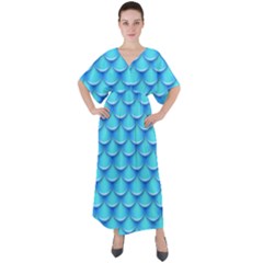 Blue Scale Pattern V-neck Boho Style Maxi Dress