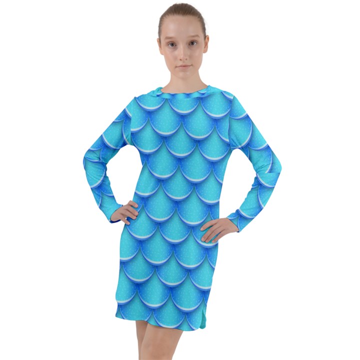 blue scale pattern Long Sleeve Hoodie Dress