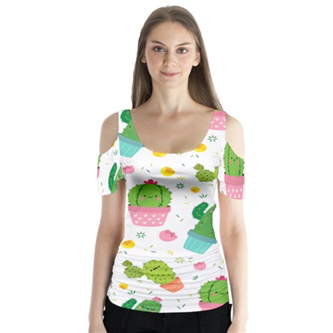 Cactus Pattern Butterfly Sleeve Cutout Tee  by designsbymallika