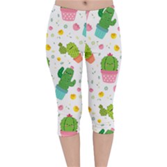 Cactus Pattern Velvet Capri Leggings  by designsbymallika