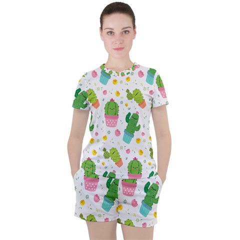 Cactus Pattern Women s Tee And Shorts Set by designsbymallika