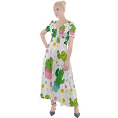 Cactus Pattern Button Up Short Sleeve Maxi Dress