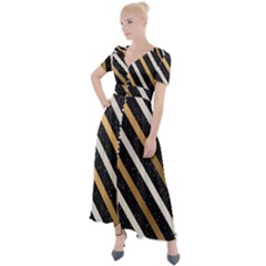 Metallic Stripes Pattern Button Up Short Sleeve Maxi Dress