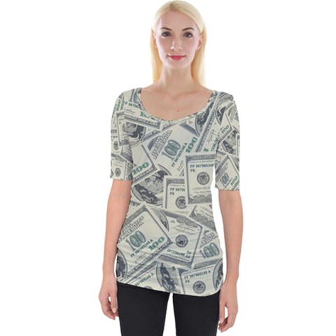 100 Dollar Bills Wide Neckline Tee by myuique