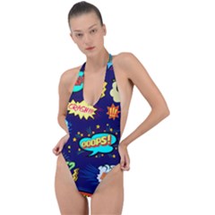 Bada Boom Pattern Backless Halter One Piece Swimsuit