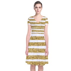 Golden Stripes Short Sleeve Front Wrap Dress