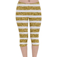 Golden Stripes Velvet Capri Leggings  by designsbymallika