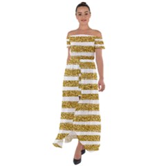 Golden Stripes Off Shoulder Open Front Chiffon Dress