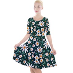 White Floral Pattern Quarter Sleeve A-line Dress