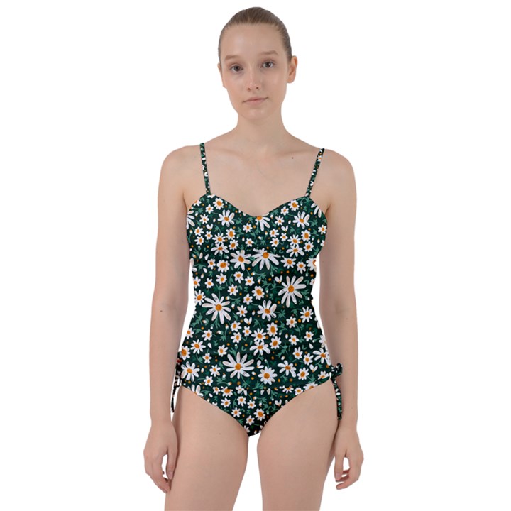 white floral pattern Sweetheart Tankini Set