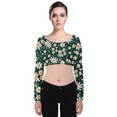 White Floral Pattern Velvet Long Sleeve Crop Top by designsbymallika