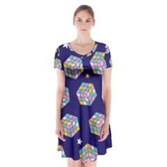 Cube Pattern Short Sleeve V-neck Flare Dress