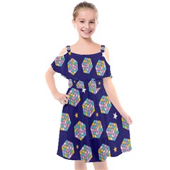 Cube Pattern Kids  Cut Out Shoulders Chiffon Dress by designsbymallika