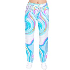 Blue Marble Print Women Velvet Drawstring Pants