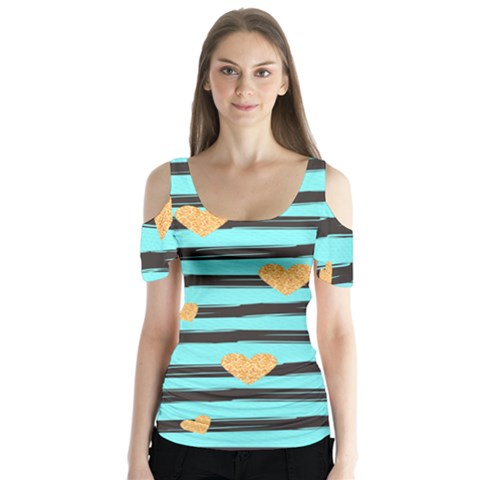 Stripes Heart Pattern Butterfly Sleeve Cutout Tee  by designsbymallika