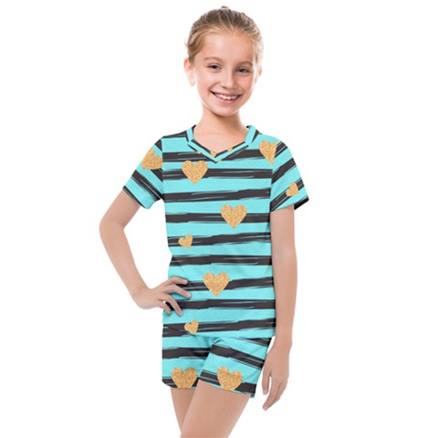 Stripes Heart Pattern Kids  Mesh Tee And Shorts Set by designsbymallika