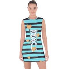 Stripes Heart Pattern Lace Up Front Bodycon Dress