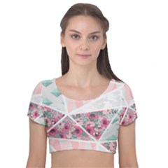 Pink Patchwork Velvet Short Sleeve Crop Top  by designsbymallika