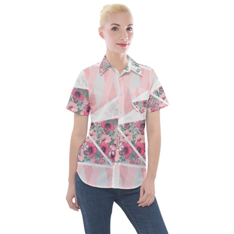 Pink Patchwork Women s Short Sleeve Pocket Shirt by designsbymallika