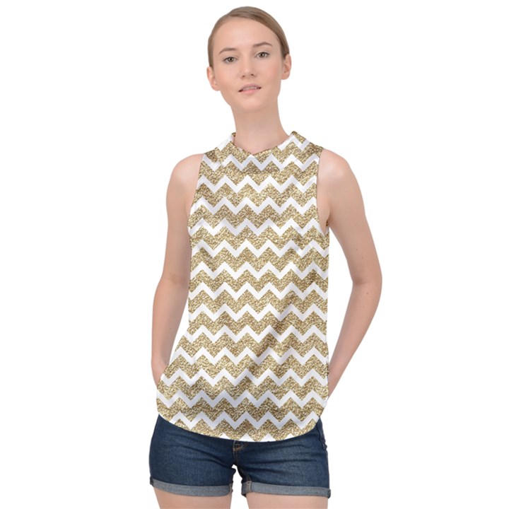 Gold Glitter Chevron High Neck Satin Top