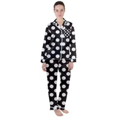 Black With White Polka Dots Satin Long Sleeve Pyjamas Set by mccallacoulture