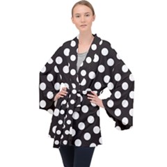 Black With White Polka Dots Long Sleeve Velvet Kimono  by mccallacoulture