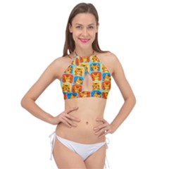 Cute Tiger Pattern Cross Front Halter Bikini Top