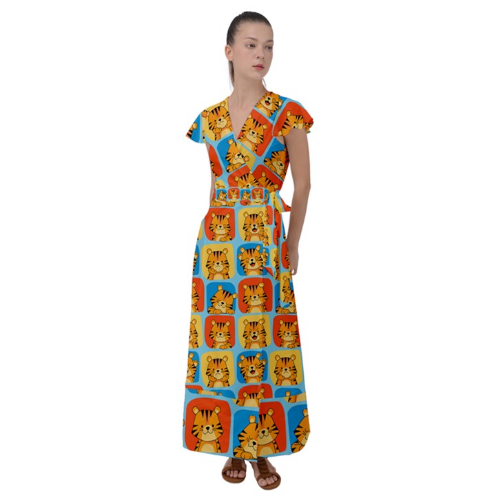 Cute Tiger Pattern Flutter Sleeve Maxi Dress