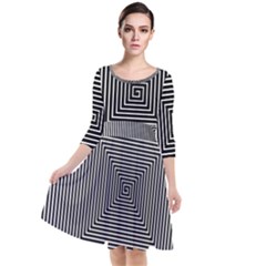 Maze Design Black White Background Quarter Sleeve Waist Band Dress