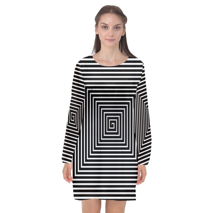 Maze Design Black White Background Long Sleeve Chiffon Shift Dress 