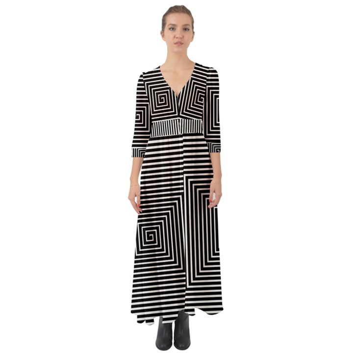 Maze Design Black White Background Button Up Boho Maxi Dress