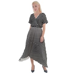 Maze Design Black White Background Cross Front Sharkbite Hem Maxi Dress