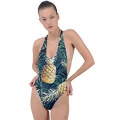 Pattern Ananas Tropical Backless Halter One Piece Swimsuit