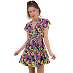 Doodle Pattern Flutter Sleeve Wrap Dress