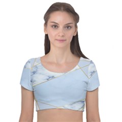 Blue Marble Print Velvet Short Sleeve Crop Top  by designsbymallika