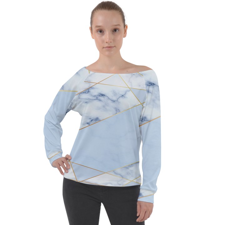 BLUE MARBLE PRINT Off Shoulder Long Sleeve Velour Top