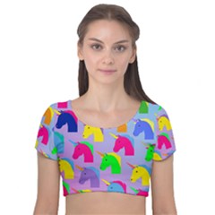 Unicorn Love Velvet Short Sleeve Crop Top  by designsbymallika