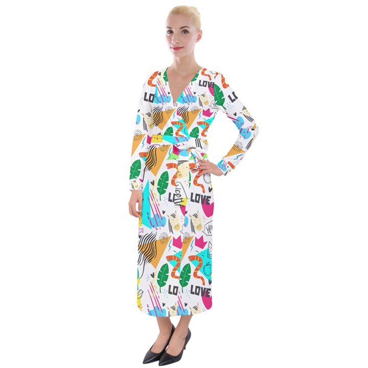 DOODLE PATTERN Velvet Maxi Wrap Dress