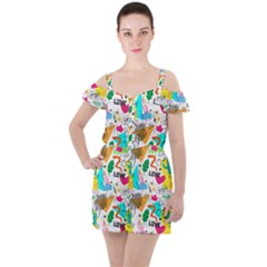 Doodle Pattern Ruffle Cut Out Chiffon Playsuit by designsbymallika