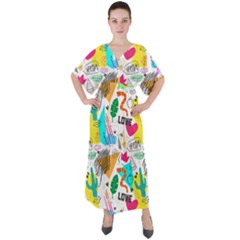 Doodle Pattern V-neck Boho Style Maxi Dress