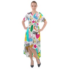 Doodle Pattern Front Wrap High Low Dress by designsbymallika