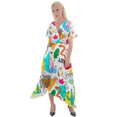 Doodle Pattern Cross Front Sharkbite Hem Maxi Dress